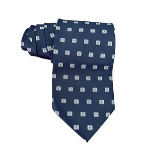 Rene Chagal Necktie Navy Blue 100 % Silk Geometric Square Pattern Mens Tie